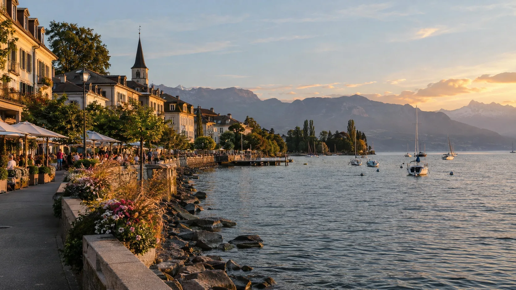 Promenade et terrasses au bord du lac dans le district de Nyon