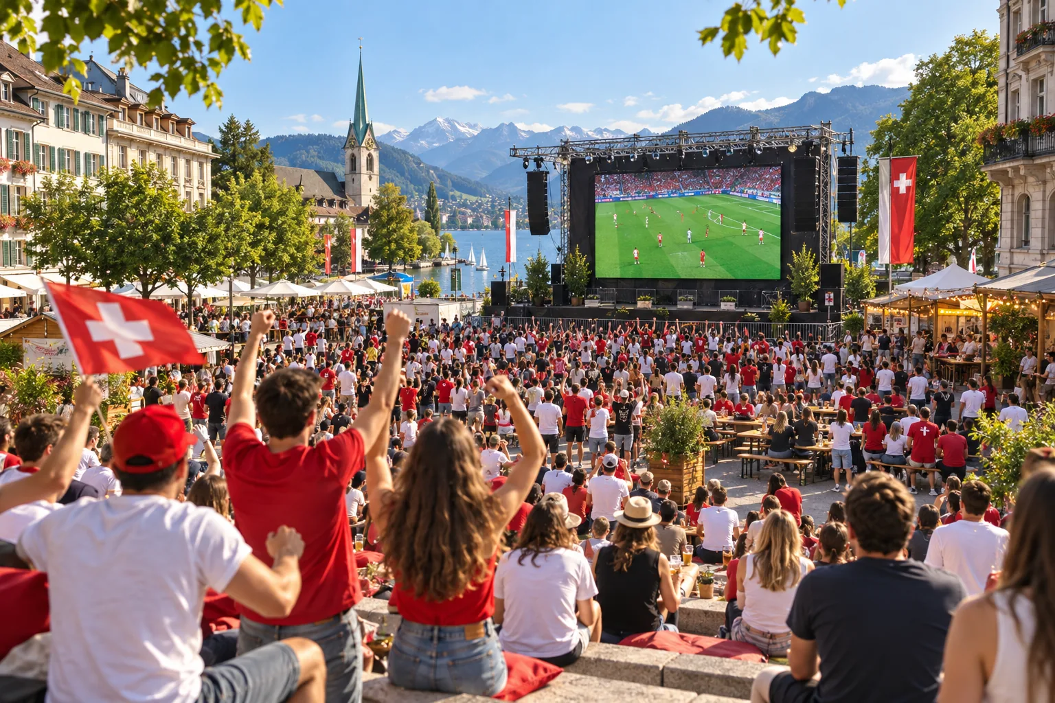 Public réuni devant un écran géant lors d'une fan zone