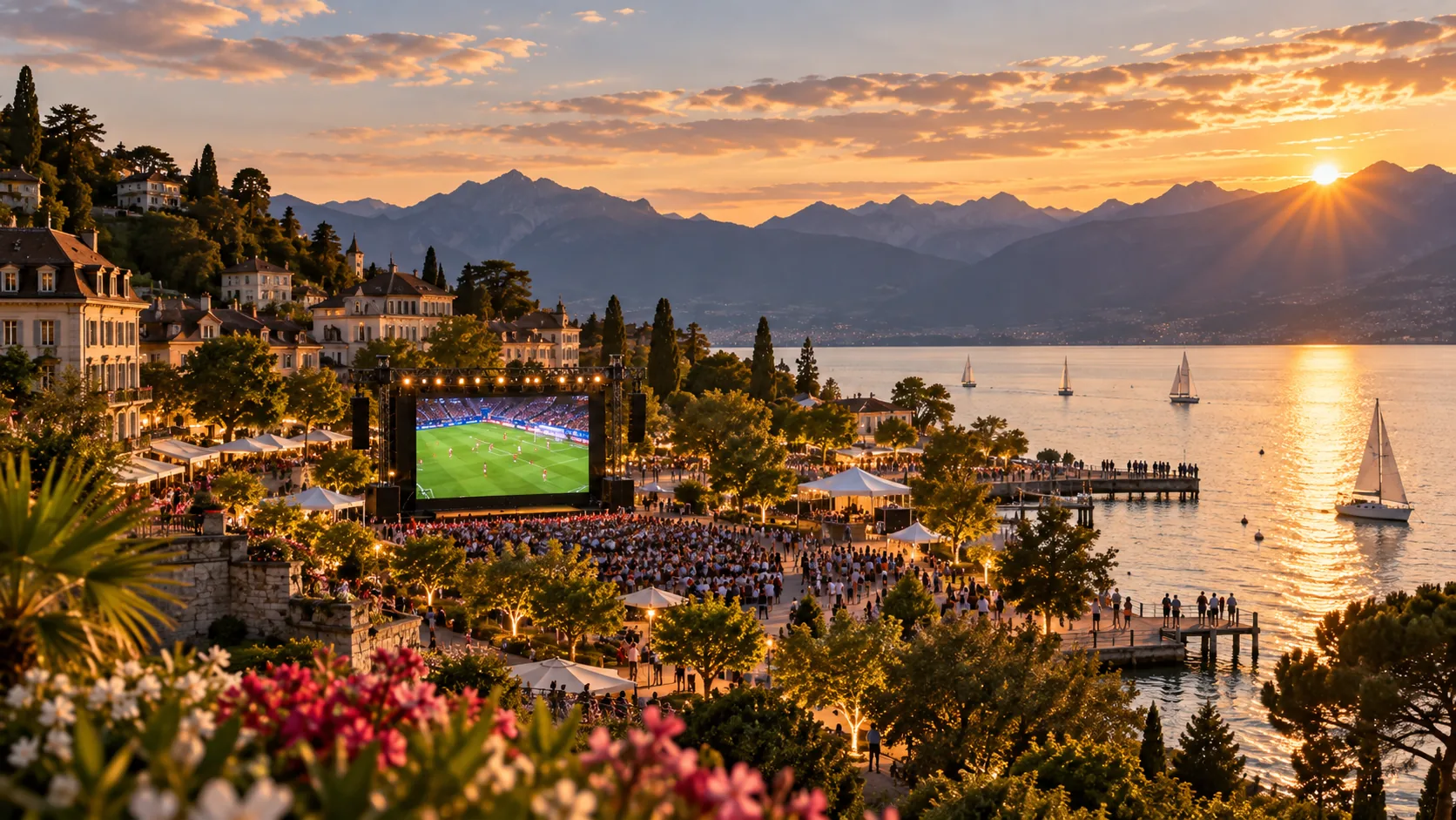 Site de la Fan Zone avec écran géant au bord du lac à Gland