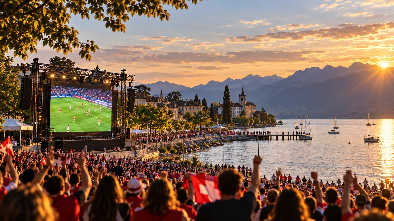 Supporters suisses devant l’écran géant de la Fan Zone EURO 2028 à Gland