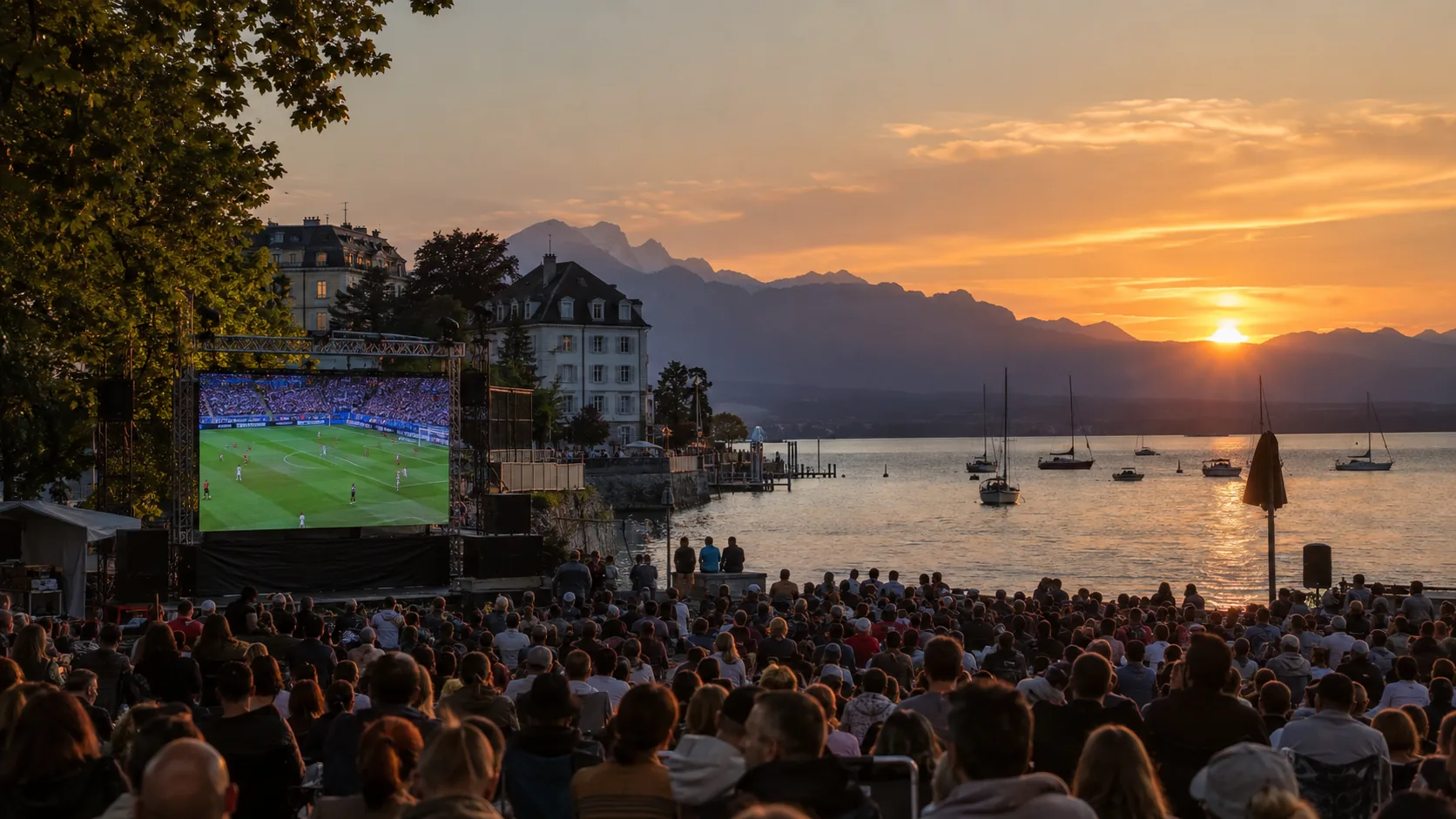 Public rassemblé devant l’écran géant lors d’une fan zone dans la région de La Côte